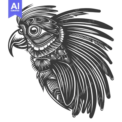Black and White Detailed Illustration of a Parrot's Head