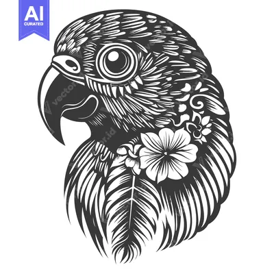 Detailed Black and White Illustration of a Parrot's Head with Flowers