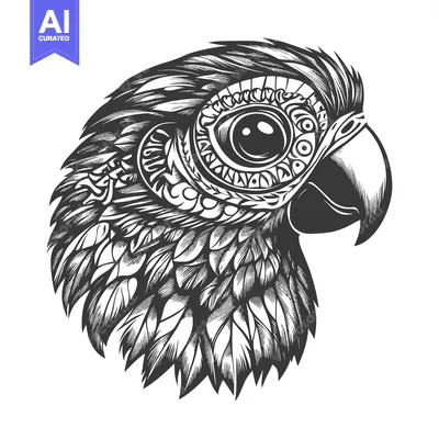 Detailed Black and White Illustration of a Parrot Head with Ornate Fea