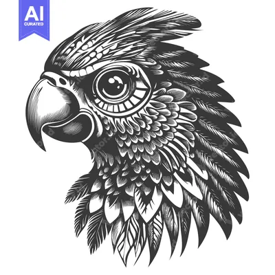 Detailed Black and White Illustration of a Parrot's Head