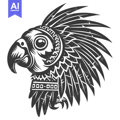 Black and White Illustration of a Parrot with a Tribal Headdress