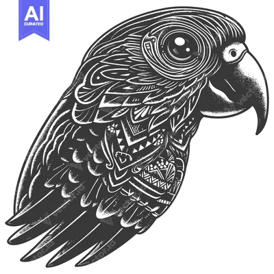 Ornate Black and White Parrot with Detailed Feathers and Patterned Bod