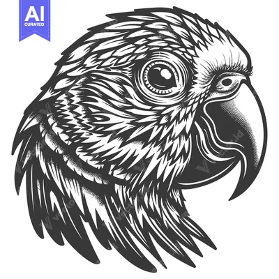 Detailed Black and White Illustration of a Parrot Head