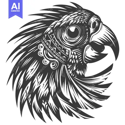Black and White Stylized Parrot Head with Feathers and Tribal Design