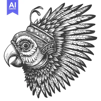 Hand Drawn Illustration of a Parrot with Ornamental Headwear and Feath