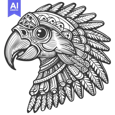 Aset desain premium: Intricate Line Art Illustration of a Bird's Head with Feathers