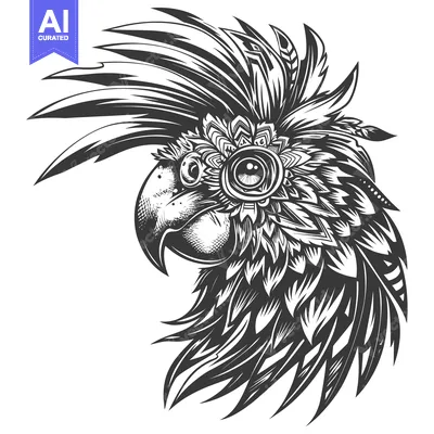 Ornate Black and White Parrot Head with Detailed Feathers