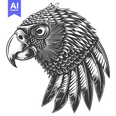 Black and White Illustration of a Parrot's Head with Feathers
