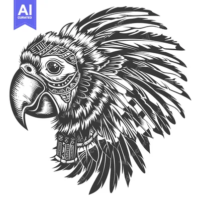 Black and White Illustration of a Parrot's Head with Feathers