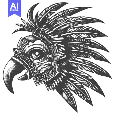 Aset desain premium: Black and White Illustration of a Feathered Headdress with a Bird's He
