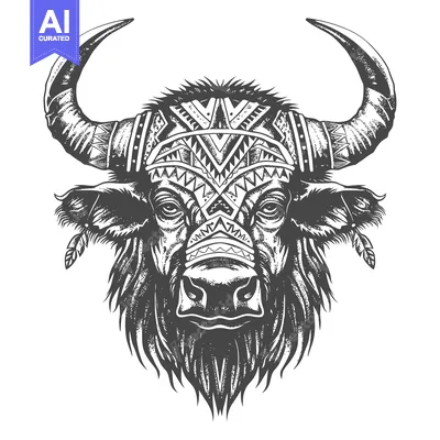 Aset premium populer: Tribal Bull Head with Geometric Horns and Feathers