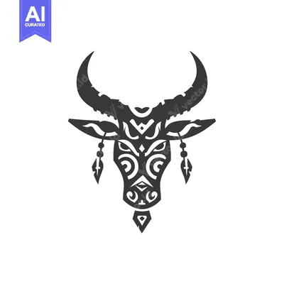 Aset desain premium: Tribal Bull Head with Horns, Feathers and Beads