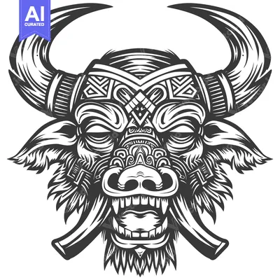 Tribal Bull Head with Ornate Horns and Jaw