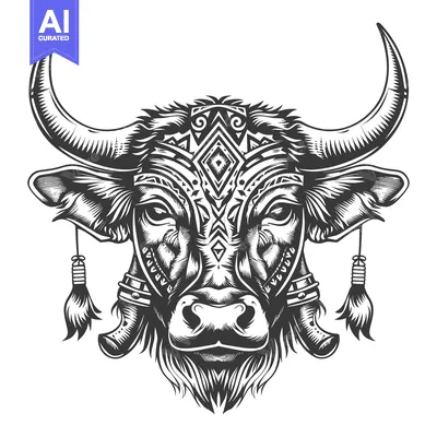 Tribal Bull with Ornamental Headwear and Tassels