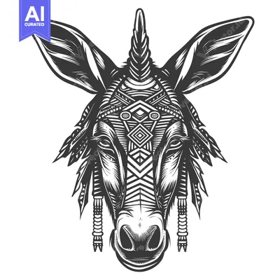 Tribal Decorated Donkey Head with Feathers and Beads