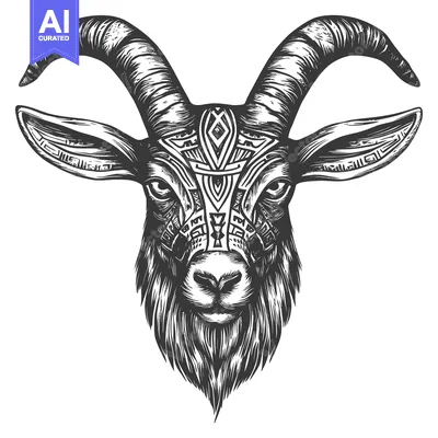 Tribal Design Goat Head with Curved Horns