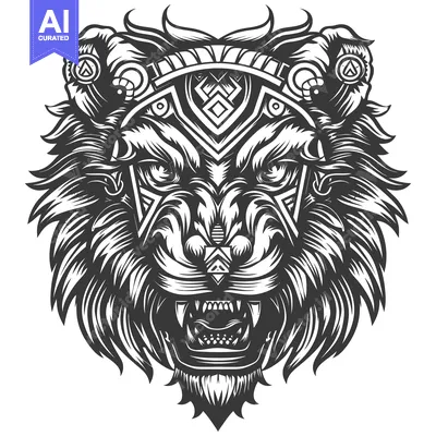 Tribal Geometric Lion Head with Fangs and Tribal Patterns