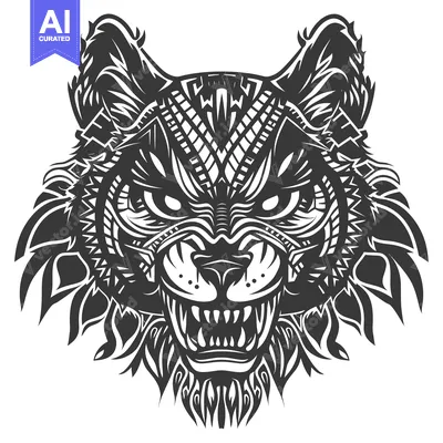 Tribal Geometric Wolf Head with Open Mouth and Sharp Teeth