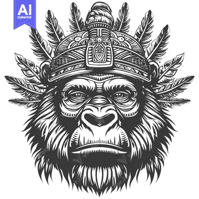 Aset desain premium: Tribal Headdress Adorned Gorilla Head Illustration