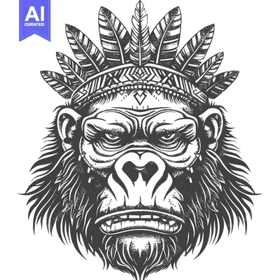 Aset desain premium: Tribal Headdress-Wearing Gorilla Head Illustration