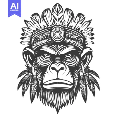 Tribal Headress Wearing Monkey Face Illustration