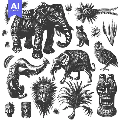 Tribal Illustrations of Animals, Faces, and Plants