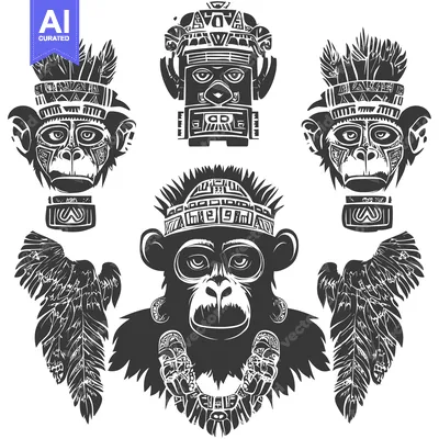 Tribal Monkey Design with Eagle Feathers and Ancient Mask