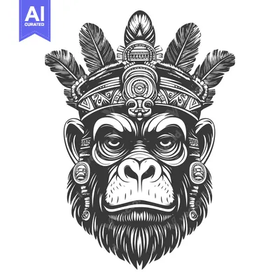 Premium design asset: Tribal Monkey Head Wearing a Feather Headdress