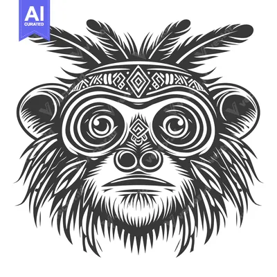 Aset premium populer: Tribal Monkey Head with Feathers and Geometric Pattern