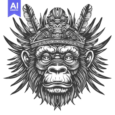 Aset desain premium: Tribal Monkey Head with Feathers and Ornamental Headband