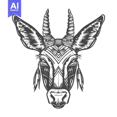 Tribal-patterned antelope head with feathers and horns