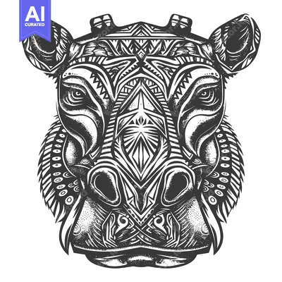 Aset premium populer: Tribal patterned hippopotamus head in black and white