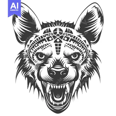 Tribal Patterned Hyena Head with Open Mouth and Fangs