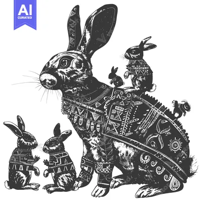 Tribal Patterned Rabbits Family Illustration