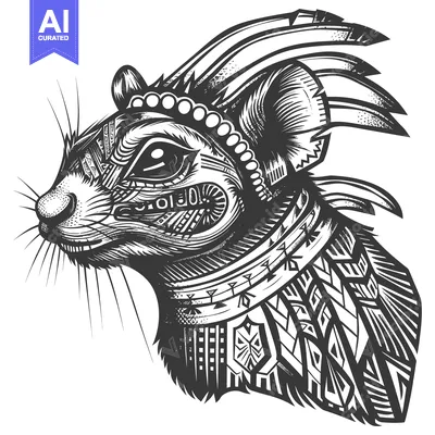Tribal Patterned Rat Head with Feathers and Geometric Designs