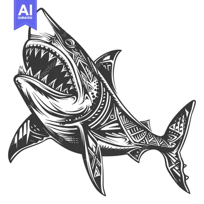 Tribal patterned shark with open mouth and sharp teeth