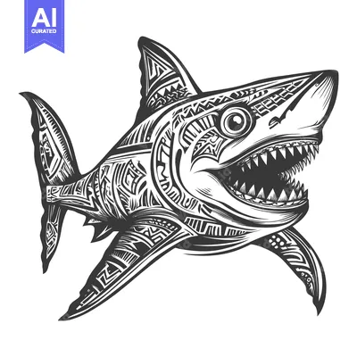 Tribal patterned shark with open mouth and sharp teeth