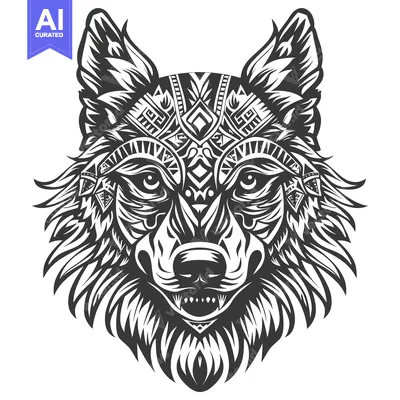 Tribal patterned wolf head with sharp fangs