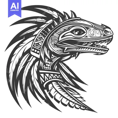 Tribal Style Black and White Feathered Lizard Head