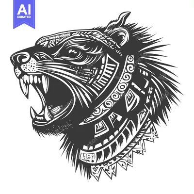 Tribal-Style Design of a Roaring Animal's Head with Fur and Ornamentat