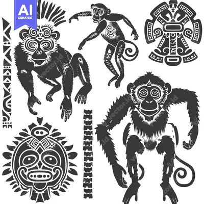 Tribal Style Illustrations of Monkeys and Masks
