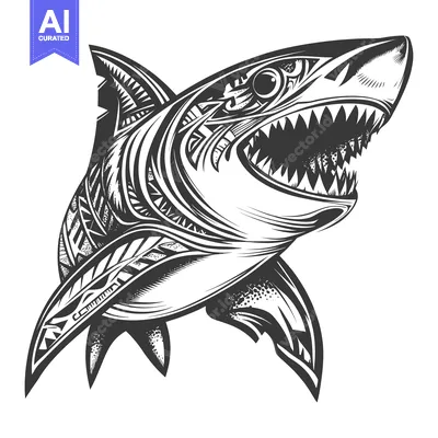 Tribal Tattoo Style Shark with Open Mouth and Sharp Teeth
