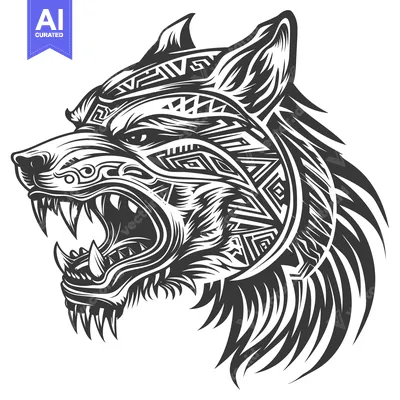 Tribal Tattoo Style Wolf Head with Open Mouth and Geometric Patterns