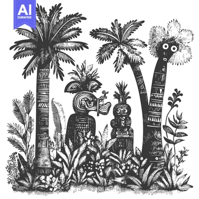 Aset desain premium: Tribal Totems Surrounded by Palm Trees and Jungle Foliage