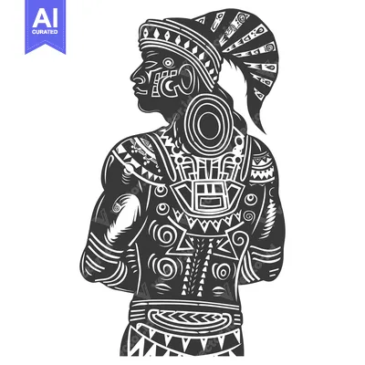 Tribal Warrior with Elaborate Geometric Tattoos and Headdress