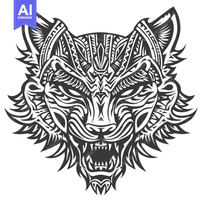 Tribal Wolf Head Design with Geometric Patterns and Open Mouth