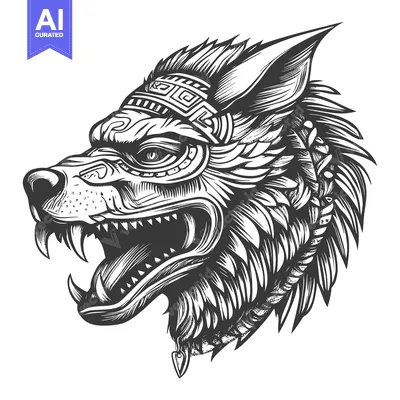 Tribal Wolf Head with Feathers and Geometric Design