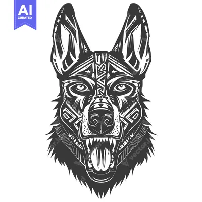 Tribal Wolf Head with Open Mouth and Sharp Teeth