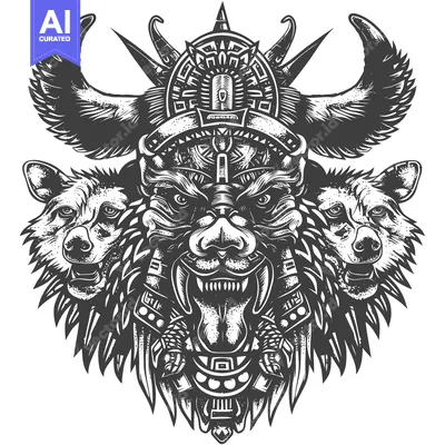 Aset desain premium: Tribal Wolf Mask with Geometric Ornamentation