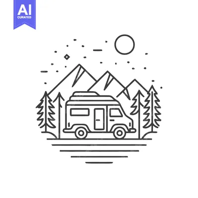 Aset desain premium: Minimalist RV Adventure: Mountain Landscape, Pine Trees, and Starry Ni